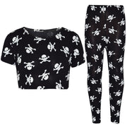 Kids Girls Skull & Cross Bones Crop Top & Legging Set Halloween Outfit 7-13 Yrs - A2Z 4 Kids