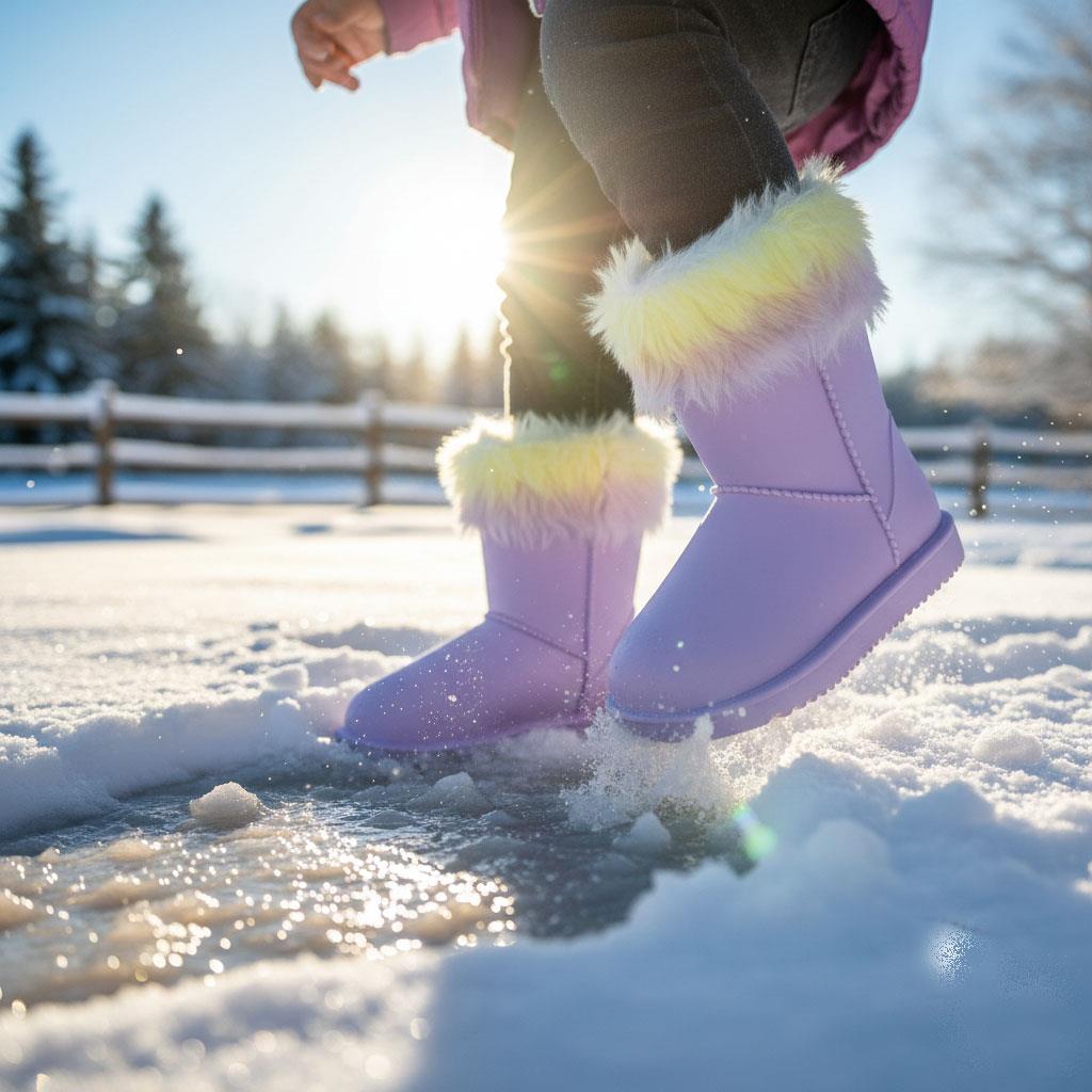 Girls Faux Fur Lined PVC Outer Non Slip Sole Snow Shoes Purple Sizes 10 to 2.5
