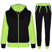 A2Z 4 Kids Girls Boys Neon Green Plain Tracksuit Contrast Fleece Hooded Top With Bottom Joggers Gymwear Jogging Suit Sweatpants Sports Activewear Outfit Set For Childrens Unisex New Age 2-13 Years