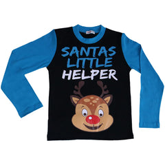 Kids Girls Boys Pyjamas Santas Little Helper Reindeer Contrast Sleeves Xmas PJS