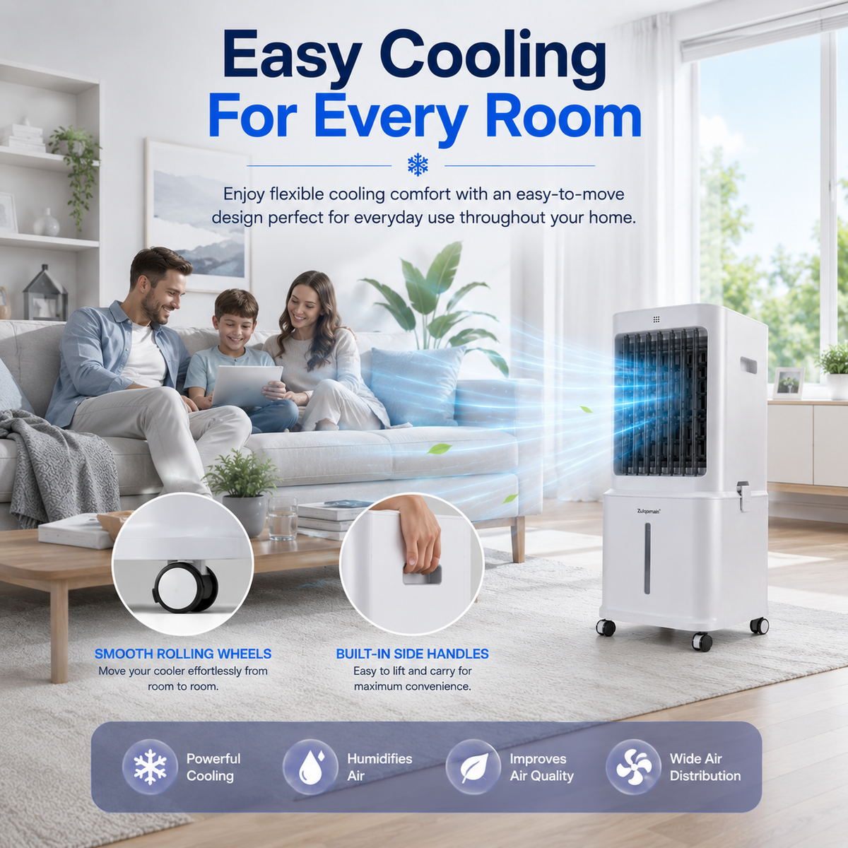 Portable White Air Cooler with Remote Control 3 Speed Settings 80W Easy to Move