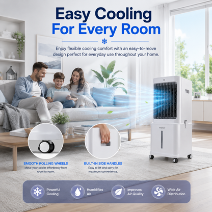 Portable White Air Cooler with Remote Control 3 Speed Settings 80W Easy to Move