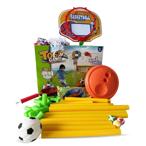 3 in 1 Kids Toss Game Set Basketball Hoop Football Goal Net with Target Boar