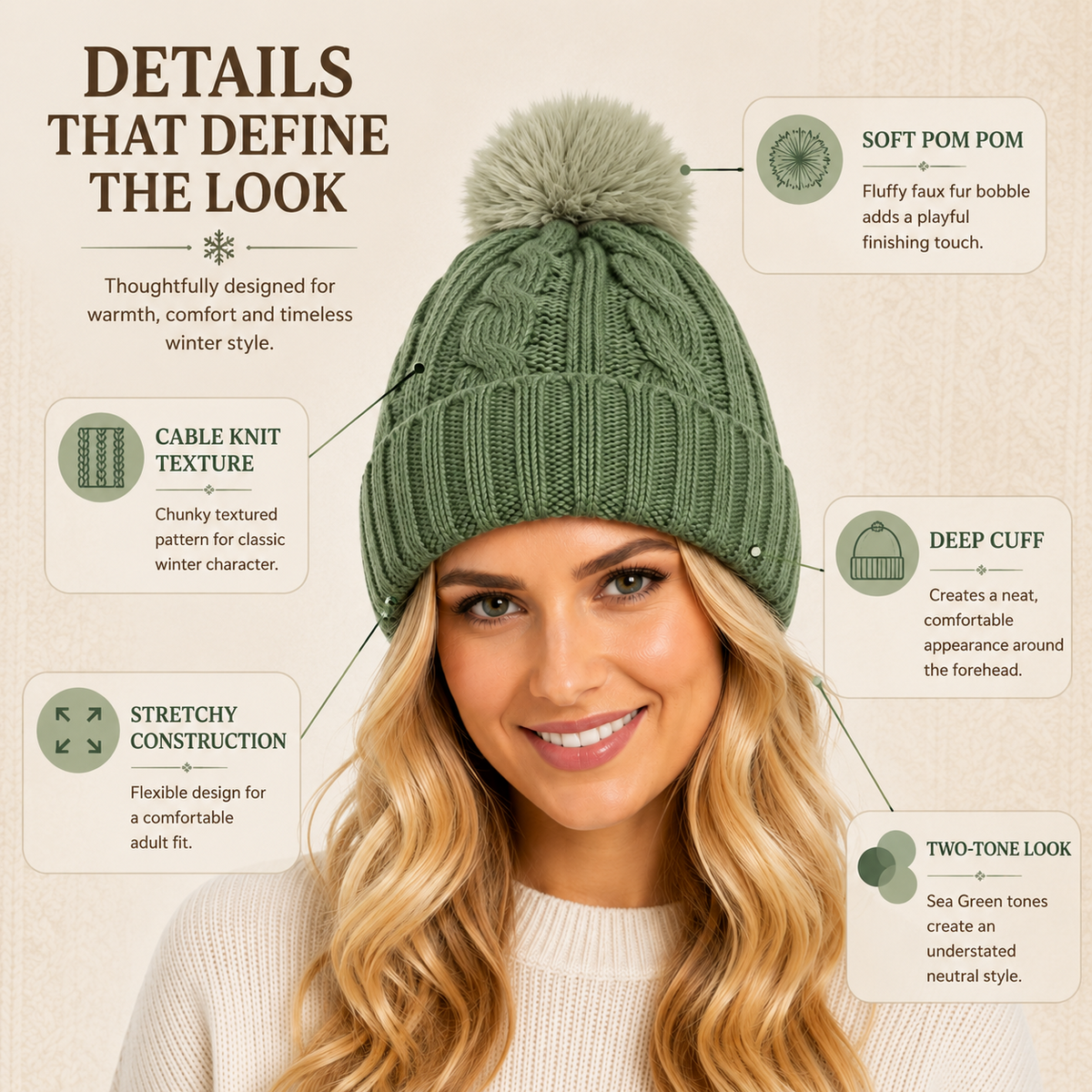A2Z Ladies Hats Cable Chunky Bobble Knit Pom Pom Winter Warm Cozy Women Caps