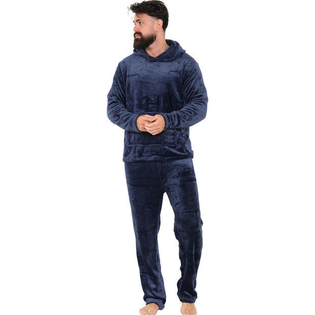 Mens Pyjamas Soft Warm Fleece Adults Hooded Pyjamas 2 Piece Gift Set For Mens