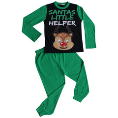 Kids Girls Boys Pyjamas Santas Little Helper Reindeer Contrast Sleeves Xmas PJS