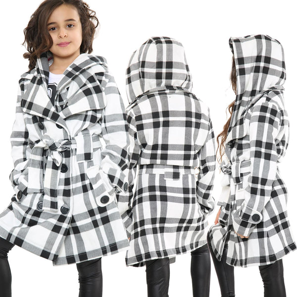 A2Z 4 Kids Kids Girls Parka Jacket Hooded Trench Coat Fashion Warm Padded Black & White Check Jacket Oversized Lapels Belted Cuffs Long Overcoat New Age 5 6 7 8 9 10 11 12 13 Years