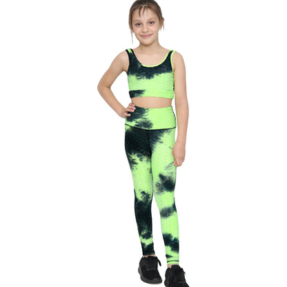 Girls Honeycomb Leggings Crop Top Vest Gym Dance Yoga Exercise High Waist Set