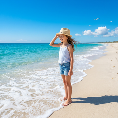 Kids Boys Girls Trilby Hat Palm Tree Beaded Summer Fedora Beach Holiday Sun Hat