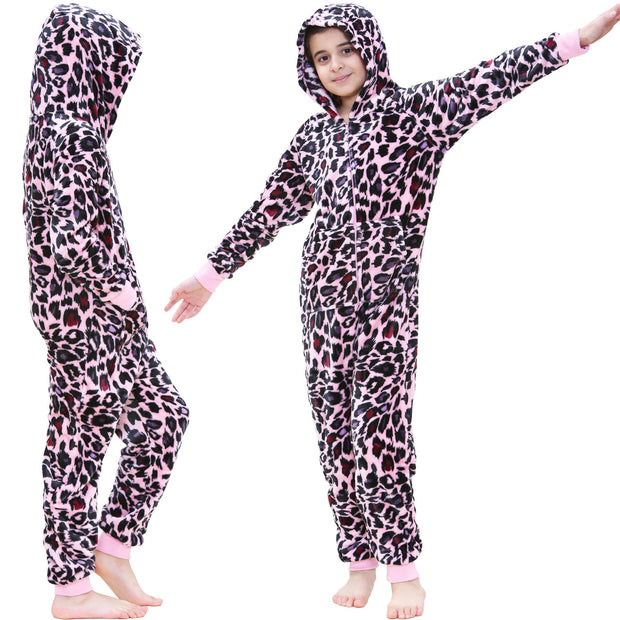 A2Z 4 Kids Girls Onesie Leopard Pyjama Sets Onesie One Piece Hooded All In One