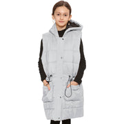 A2Z Kids Girls Down Vest Fashion Oversized White Hooded Quilted Gilet Padded Long Line Vest Jacket Long Sleeveless Coat Urban Winter Wear Age 7-13 Years