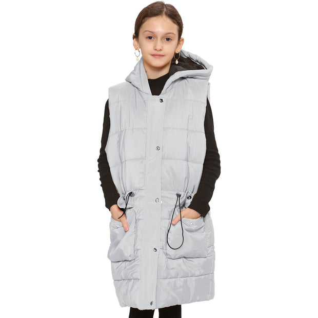 A2Z Kids Girls Down Vest Fashion Oversized White Hooded Quilted Gilet Padded Long Line Vest Jacket Long Sleeveless Coat Urban Winter Wear Age 7-13 Years