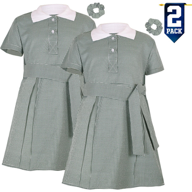 Girls 2 Pack Gingham School Dress Check Belted Dresses With Matching Scrunchies - A2Z 4 Kids