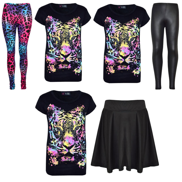 Kids Girls Multi Tiger Print Trendy T Shirt Top & Fashion Legging Set 7-13 Year