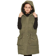 A2Z Kids Girls Down Vest Fashion Oversized Khaki Hooded Quilted Gilet Padded Long Line Vest Jacket Long Sleeveless Coat Urban Winter Wear Age 7-13 Years