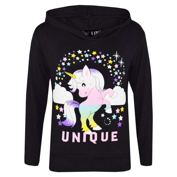 A2Z 4 Kids Girls Tracksuit Designer's Dabbing Unicorn Rainbow Unique Floss Hooded Black Top & Legging Lounge Wear Set New Age 7 8 9 10 11 12 13 Years