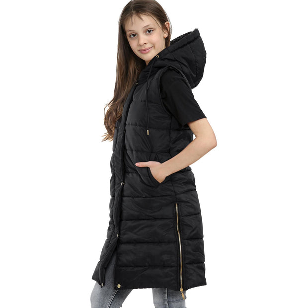 A2Z Kids Girls Fashion Oversized Hooded Quilted Gilet Black Color Padded Long Line Vest Jacket Long Sleeveless Coat Urban Winter Wear Coat 7-13 Years