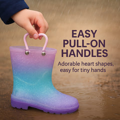 Kids Girls Glitter Rainbow Gradient Wellington Boots Heart Handle PVC Rain Boot