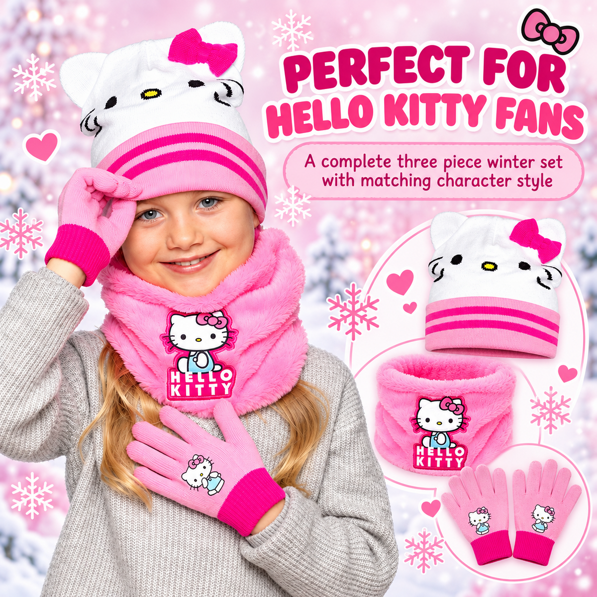 Hello Kitty Girls Hat Gloves Snood Set Pink Winter Neck Warmer Kids One Size