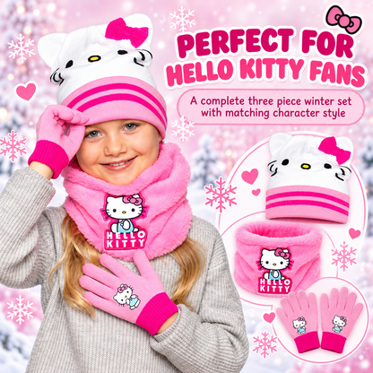 Hello Kitty Girls Hat Gloves Snood Set Pink Winter Neck Warmer Kids One Size