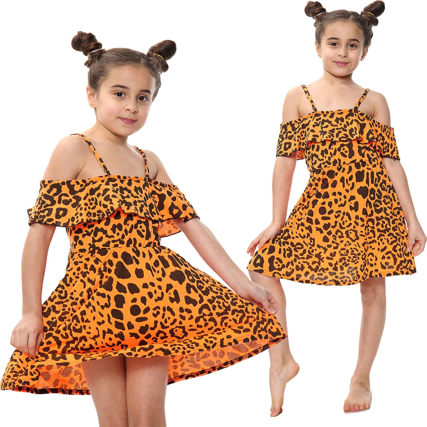 Kids Girls Skater Dress Leopard Print Summer Party Off Shoulder Dress 5-13 Years