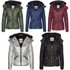 Girls Puffer Jacket Quilted Winter Coat Faux Fur Hood Warm Padded Zipped Coat