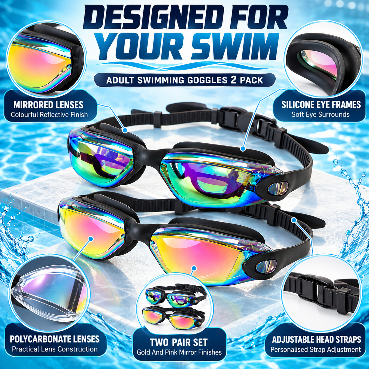 A2Z Adult Swimming Goggles 2 Pack Adjustable Strap Silicone Frame Pool Eyewear