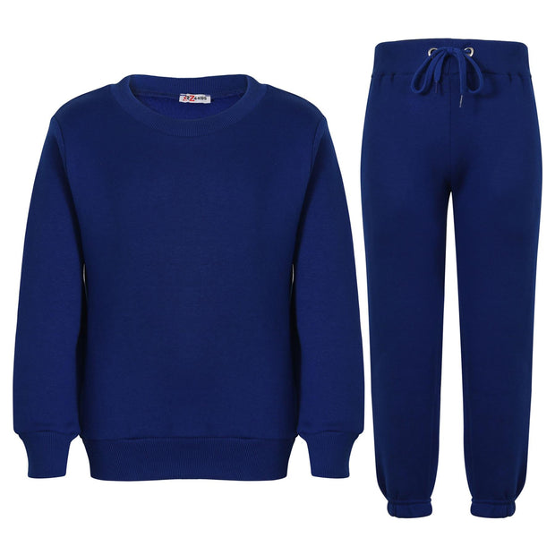 Kids Plain Tracksuit Sweatshirt Set Jumper and Bottoms PE School Girls Boys 2-13