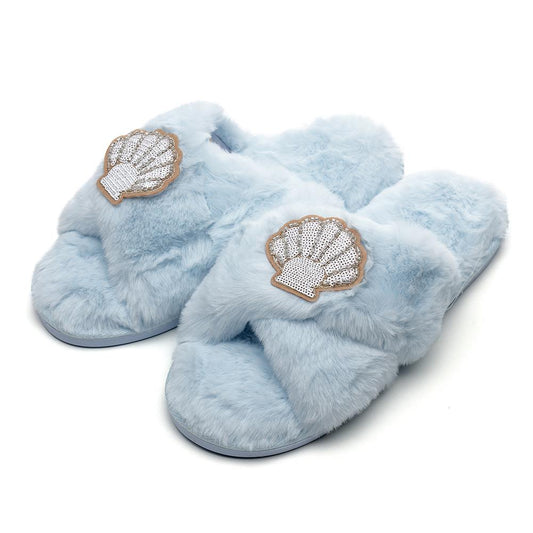 Ladies Blue Plush Open Toe Cross Strap Shell Badge Slippers S M L