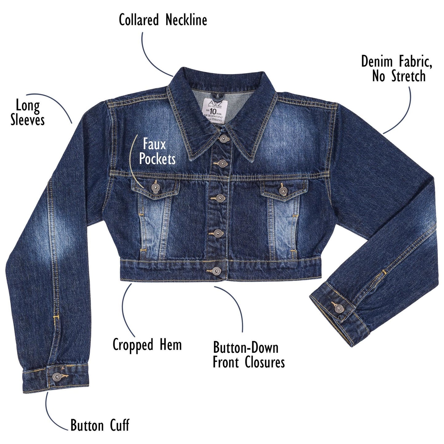 Ladies Women Fashion Cropped Denim Jacket Jean Long Sleeve Jacket Size 8-20