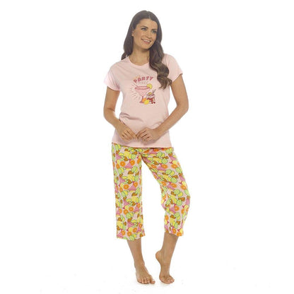Ladies Cotton Pyjama Set with 3/4 Length Bottoms Short Sleeve T-Shirt Summer Set