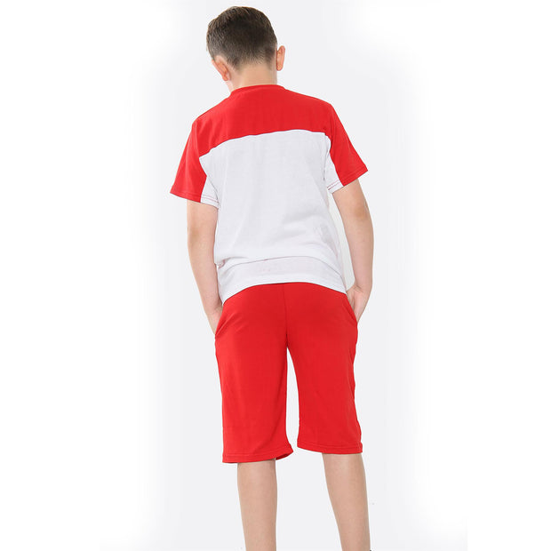 A2Z 4 Kids Two Colour Block Contrast Panel Red Top & Shorts Set Short Sleeves T Shirt Summer Outfit 2 Piece Activewear Girls Boys Age 5-13 Years