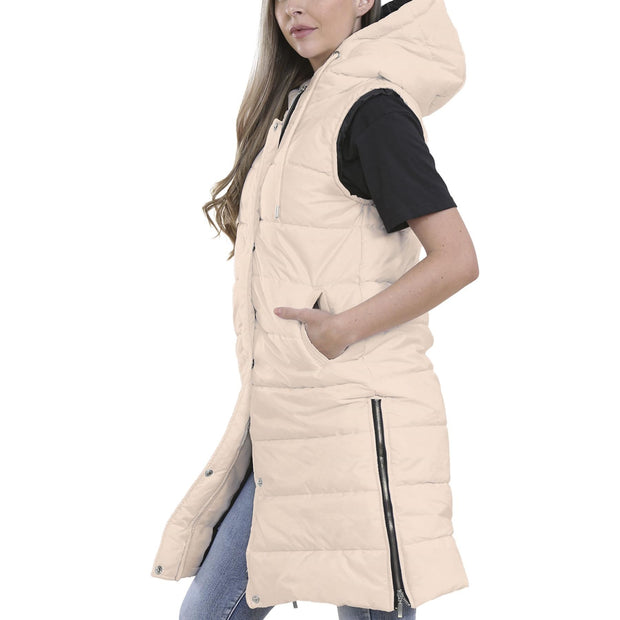 A2Z Ladies Adults Stone Hooded Quilted Gilet Padded Sleeveless Gilet Oversized Long Line Vest Jacket Sleeveless Coat Urban Winter Wear S-4XL