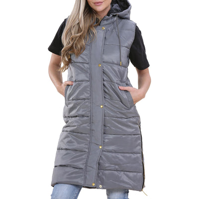 A2Z Ladies Adults Sleeveless Gilet Oversized Hooded Steel Grey Quilted Gilet Padded Long Line Vest Jacket Sleeveless Coat Urban Winter Wear