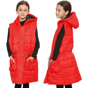 A2Z Kids Girls Down Vest Fashion Oversized Red Hooded Quilted Gilet Padded Long Line Vest Jacket Long Sleeveless Coat Urban Winter Wear Age 7-13 Years