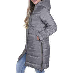 Ladies Adults Long Sleeve Oversized Steel Grey Hooded Quilted Padded Coat Jacket