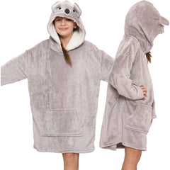 Kids Girls Boys Oversized Hoodie ANIMAL Snuggle Blanket Fleece Kangaroo Pocket