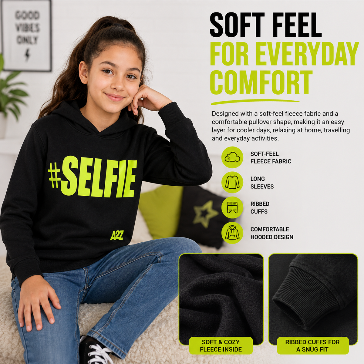 Kids Girls Boys Sweat Shirts Tops #Selfie Hooded Jumpers Hoodies New Age 2-13 Yr