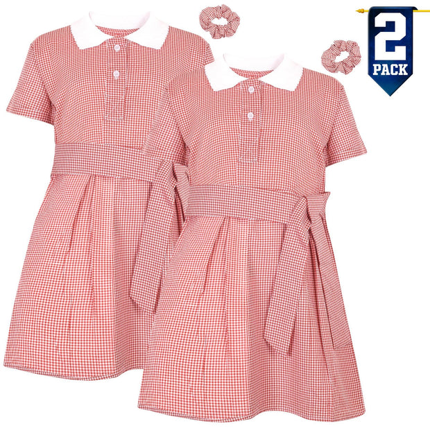 Girls 2 Pack Gingham School Dress Check Belted Dresses With Matching Scrunchies - A2Z 4 Kids