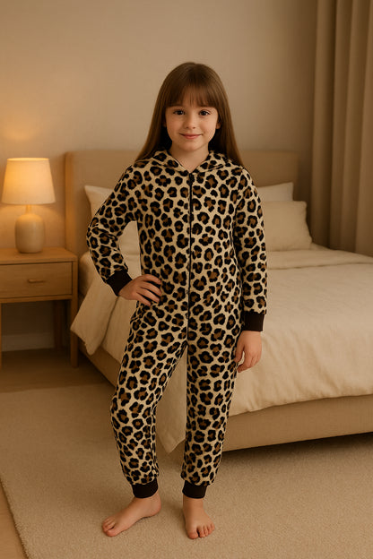 Kids Girls Boys Onesie Soft Fluffy Leopard Print All In One Xmas Costume 7-13 Yr