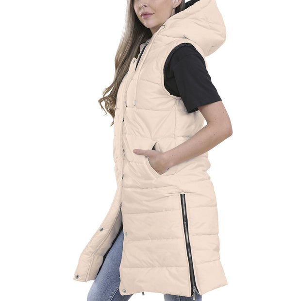 Ladies Sleeveless Gilet Oversized Hooded Quilted Gilet Padded Long Line Coat