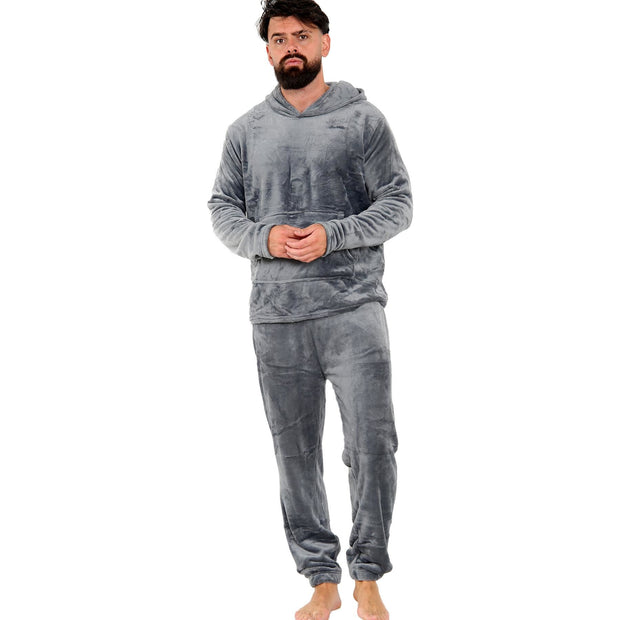 Mens Pyjamas Soft Warm Fleece Adults Hooded Pyjamas 2 Piece Gift Set For Mens