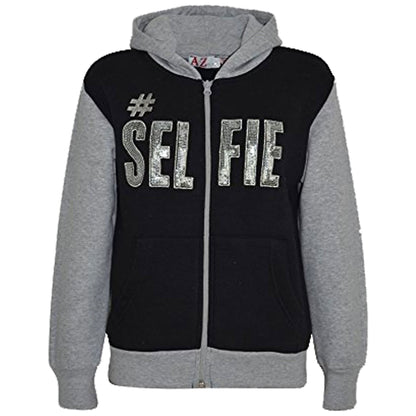 A2Z 4 Kids #SELFIE Tracksuit Sequin Embroidered Black & Grey Hoodie with Jogger Sweatpants Sports Casual Fashion Activewear Set Girls Boys Childrens Age 5-13 years