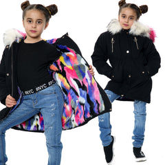 Kids Faux Fur Lined Parka Coat Rainbow Fur Hooded Jacket Girls Boys Age 2-13 Yrs