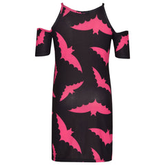 Kids Girls Halloween Midi Dress Bat Print Cold Off Shoulder Dresses Tops 7-13 Yr