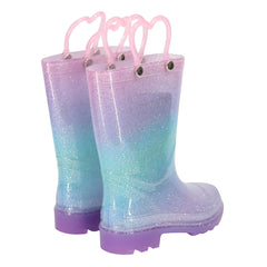 Kids Girls Glitter Rainbow Gradient Wellington Boots Heart Handle PVC Rain Boot