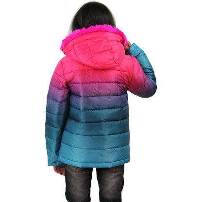 Kids Girls Puffer Jacket Faux Fur Hooded 3D Fade Gradient Padded Thick Warm Coat