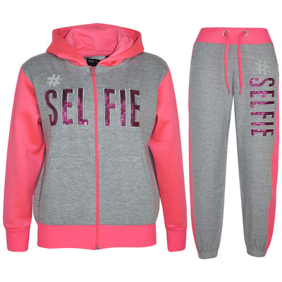 A2Z 4 Kids #SELFIE Tracksuit Sequin Embroidered Grey & Neon Pink Hoodie with Jogger Sweatpants Sports Casual Fashion Activewear Set Girls Boys Childrens Age 5-13 years