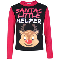 Kids Girls Boys Pyjamas Santas Little Helper Reindeer Contrast Sleeves Xmas PJS