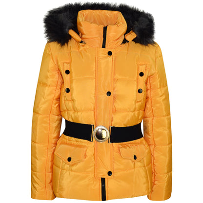 Kids Girls Puffer Jackets Faux Fur Hooded Zipped Belted Coats Age 5-13 Years